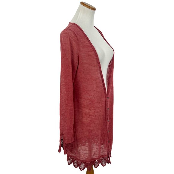 Vtg Y2K Free People Pink Lace Crochet Trim Knit Cardigan | Boho Coastal Grandma - Picture 13 of 16